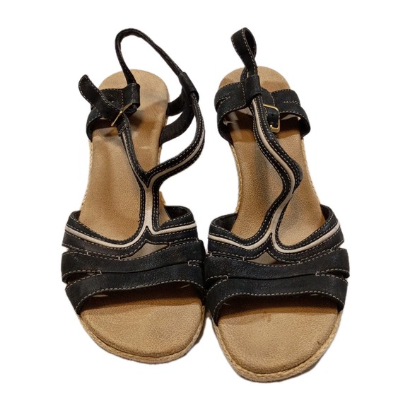 Clarks Black Leather Espadrille‎ Style Wedge Sandals Women's 10M Strappy - Picture 5 of 10